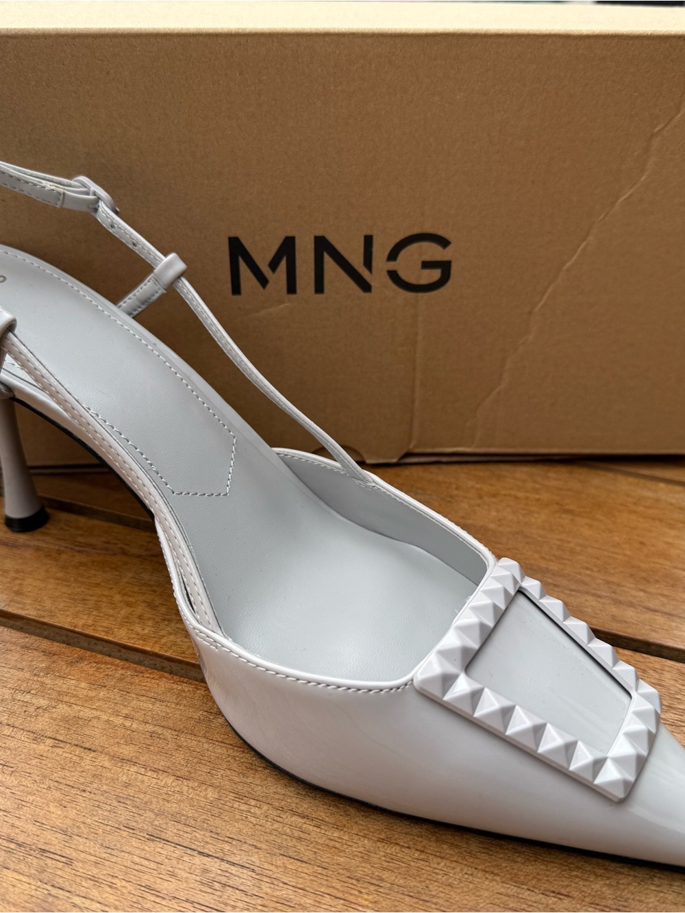 Mango Light Grey Pointed Slingback Heels with Monochrome Stud Accent